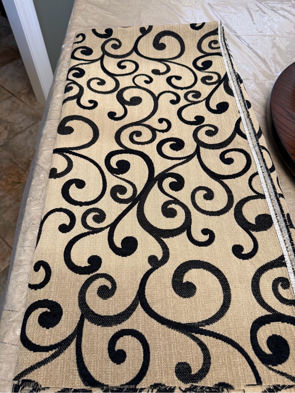 Upholstery Cloth Black & Beige Floral Scroll Print